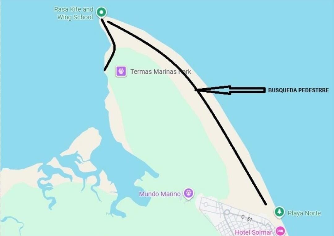 La ruta marcada para el operativo de búsqueda terrestre cerca del sector de Termas Marinas. (Prefectura Naval Argentina)