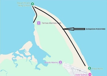 Mapa digital costero con una línea negra dibujada sobre el litoral y una flecha que indica búsqueda terrestre
