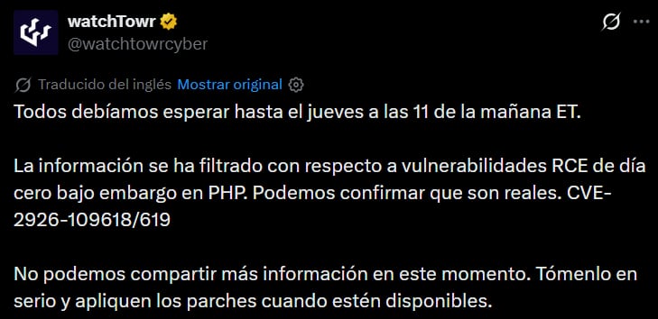 watchTowr señaló que las fallas de PHP iban a ser reveladas el día jueves 22 de octubre, pero una filtración anónima desencadenó que se adelante. (X)