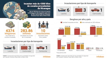 Infografía sobre incautación de cocaína. Muestra un mapa global, montones de dinero, policías, gráficos de barras por año y país, y tipos de transporte.