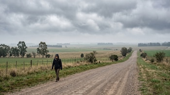 Una persona con abrigo y capucha camina por la orilla de un camino de tierra junto a pastizales, árboles y un cielo cubierto de nubes grises.
