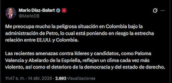 Díaz-Balart advirtió un posible deterioro del clima democrático y de la relación bilateral con Estados Unidos tras recientes amenazas contra líderes y candidatos presidenciales - crédito Marío Díaz-Balart/X