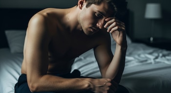 Un hombre joven de torso desnudo, sentado en el borde de una cama en una habitación oscura, con una mano en la frente, mirando hacia abajo.