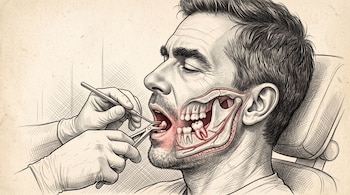 Ilustración en estilo grabado de un hombre de perfil con un corte transversal de la mandíbula y herramientas dentales en la boca.