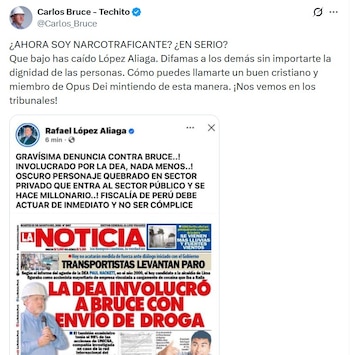 Captura de pantalla de una publicación en X de Carlos Bruce en respuesta a un mensaje de Rafael López Aliaga con una portada de diario