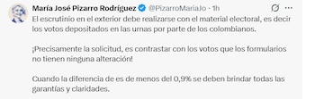 María José Pizarro se pronuncia en redes sociales sobre la necesidad de garantías en el escrutinio electoral en el exterior - crédito María José Pizarro/X