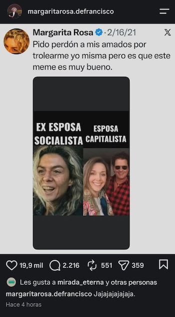 La actriz volvió a resubir uno de los memes más populares con su rostro y la esposa de su ex le respondió - crédito Margarita Rosa de Francisco / Instagram