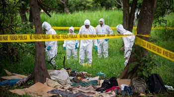 Cinco pessoas com roupas de proteção brancas e luvas azuis trabalham atrás de fita policial amarela em uma área arborizada com grama verde, perto de itens pessoais espalhados.