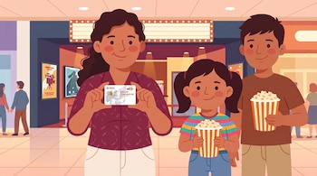 Madre, hija y hijo con cubos de palomitas en un vestíbulo de cine; la madre sostiene una tarjeta blanca con texto y chip.