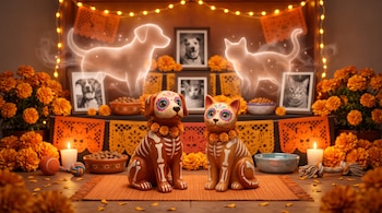 Figuras de barro de un perro y un gato frente a un altar con flores de cempasúchil, fotos de animales, platos de comida y siluetas brillantes.
