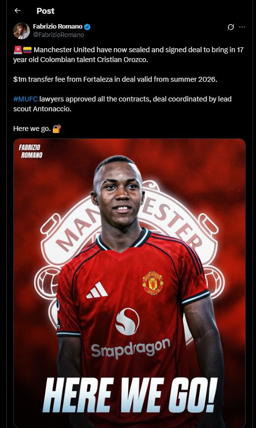 Así fue el anuncio por parte del periodista especializado en fichajes sobre la llegada del colombiano a uno de los equipos más grandes de Inglaterra - crédito @FabrizioRomano / X