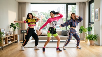Tres mujeres con ropa deportiva colorida bailan en una sala con piso de madera, plantas, un sofá y un ventanal.