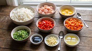 Ingredientes de arroz frito: arroz, pollo, huevos, pimentón rojo, zanahoria, cebolla larga, ajo picado, salsa de soya y aceite en tazones sobre madera, con una cuchara.