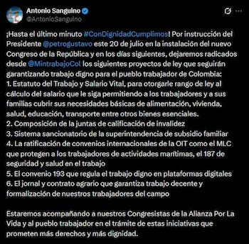 El Ministerio de Trabajo confirmó que el paquete legislativo se concentrará en salario, trabajo rural, plataformas digitales, seguridad y salud en el trabajo, invalidez y subsidio familiar - crédito @AntonioSanguino/X