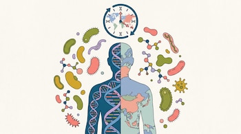 Ilustración de silueta humana con ADN en un lado y mapas de continentes en otro. Rodeada de bacterias, moléculas y un reloj global con mapamundi en el centro.