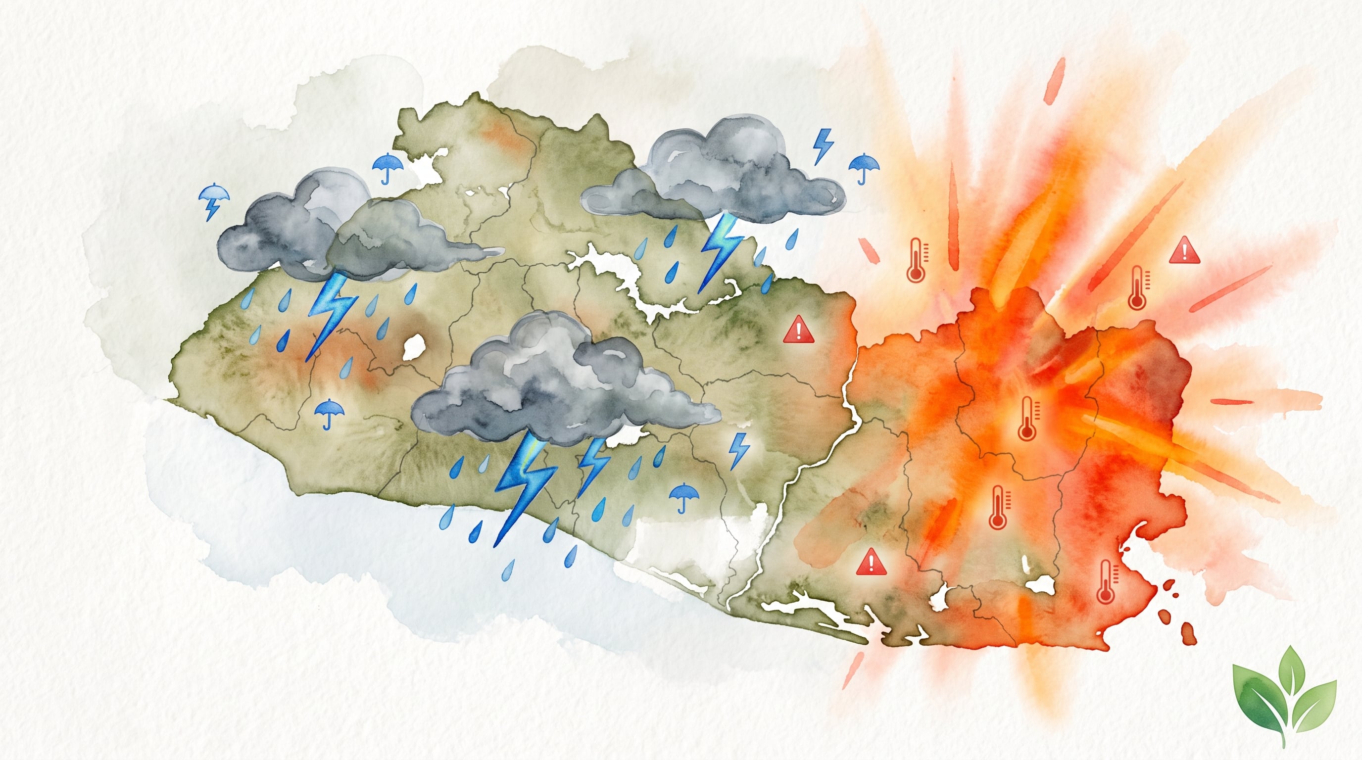 Un mapa de El Salvador delimita las zonas afectadas por tormentas eléctricas en el occidente y un alza de temperaturas en el oriente del país. (Imagen Ilustrativa Infobae)