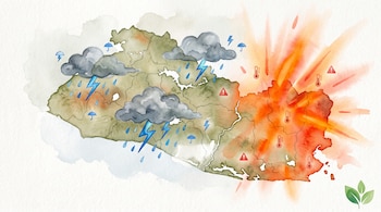 Mapa en acuarela de El Salvador con nubes, rayos y lluvia en la zona occidental, y tonos naranjas con termómetros en la oriental.