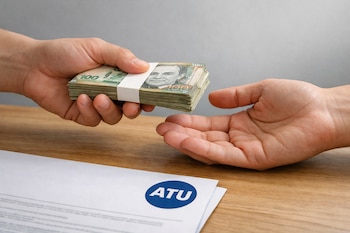 Primer plano de dos manos: una entrega un fajo de billetes de 100 Soles peruanos a otra. Un documento con el logo ATU es visible sobre una mesa de madera.