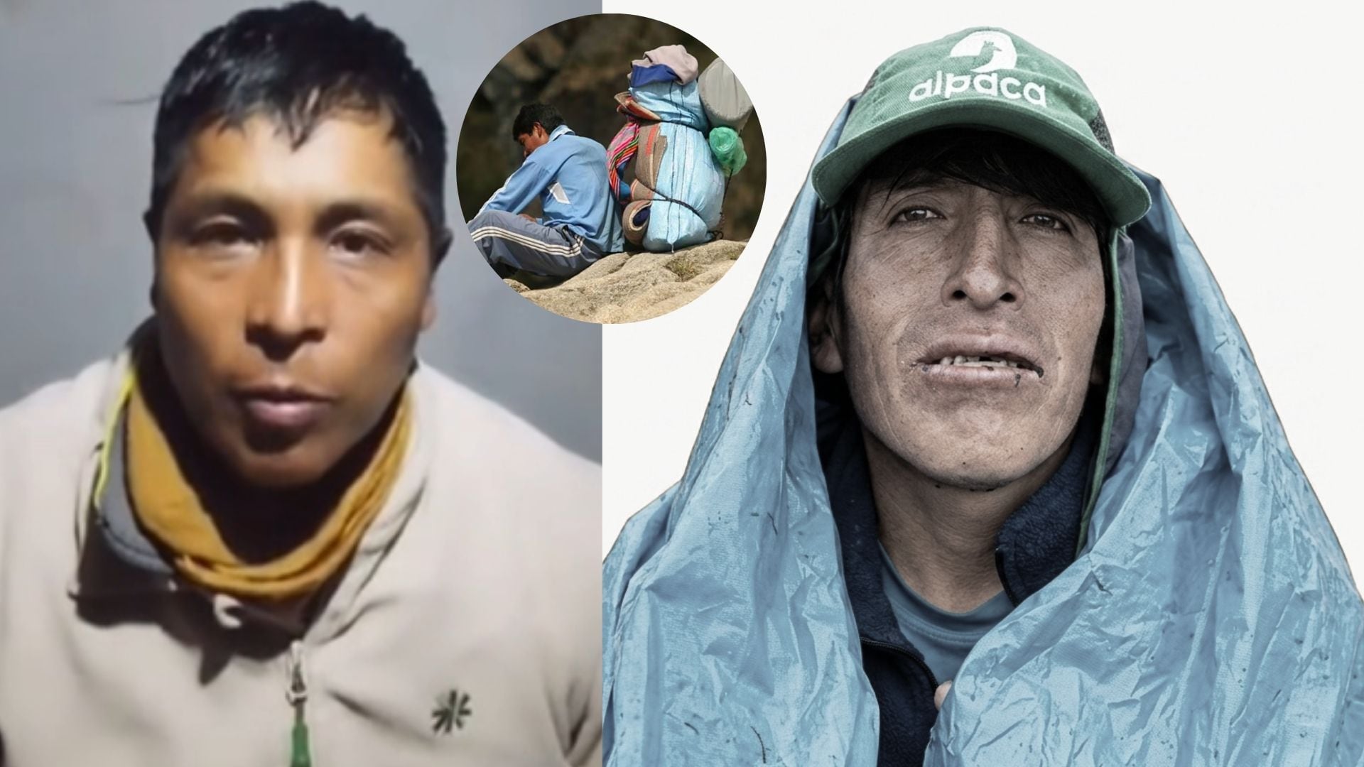Gabriel Ríos figura en dos retratos junto a un porteador que descansa sobre una roca con su equipaje en la ruta a Machu Picchu. (Infobae Perú)