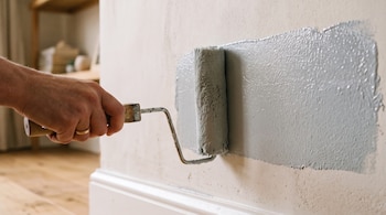 Una mano con un anillo aplica pintura gris con un rodillo sobre una pared beige, con un zócalo blanco y un suelo de madera en el fondo.