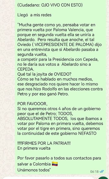 Juan Daniel Oviedo, fórmula vicepresidencial de la senadora y candidata presidencial, Paloma Valencia, denunció que a su madre le están llegando a WhatsApp mensajes que atribuyó a la campaña del abogado Abelardo de la Espriella - crédito @JDOviedoAr/X