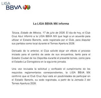 Comunicado de la LIGA MX sobre los juegos de local de Cruz Azul.