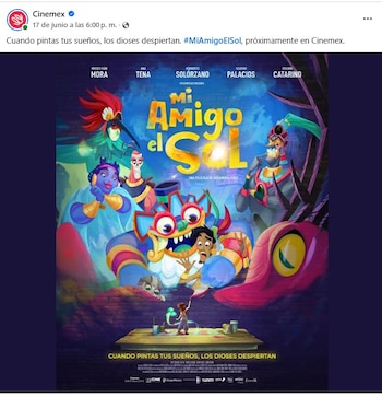 Póster de la película 'Mi Amigo el Sol' con varios personajes animados de aspecto mitológico, una niña pintando y el lema en la parte inferior