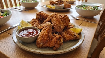 Alitas de pollo fritas en un plato con salsa roja y gajos de limón, rodeadas por tazones de ensalada sobre una mesa de madera.