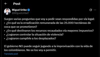 Miguel Uribe criticó al Gobierno