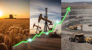 Triptych de campo de trigo con cosechadora, plataformas petroleras y mina a cielo abierto con maquinaria pesada, superpuesto con un gráfico verde ascendente.