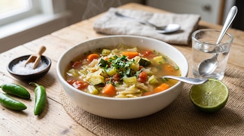 Tazón con sopa de verduras y cilantro junto a medio limón, dos chiles verdes, un recipiente con sal y un vaso con agua sobre madera.