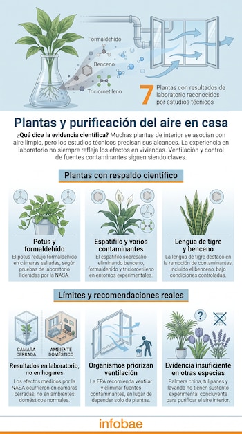 Infografía ilustra plantas purificadoras de aire, moléculas contaminantes, ventilación, cámara cerrada, ambiente doméstico y especies con o sin evidencia científica.