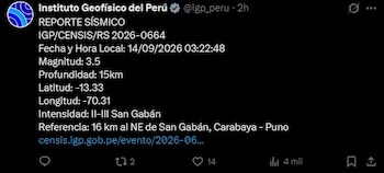 Sismos en Perú EN VIVO: temblor de magnitud 4.0 se registró en Tumbes este lunes 14 de septiembre. Captura: IGP.