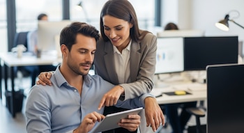 Un hombre sentado y una mujer de pie observan una tableta digital en una oficina. Hay otras personas y monitores de computadora desenfocados al fondo.