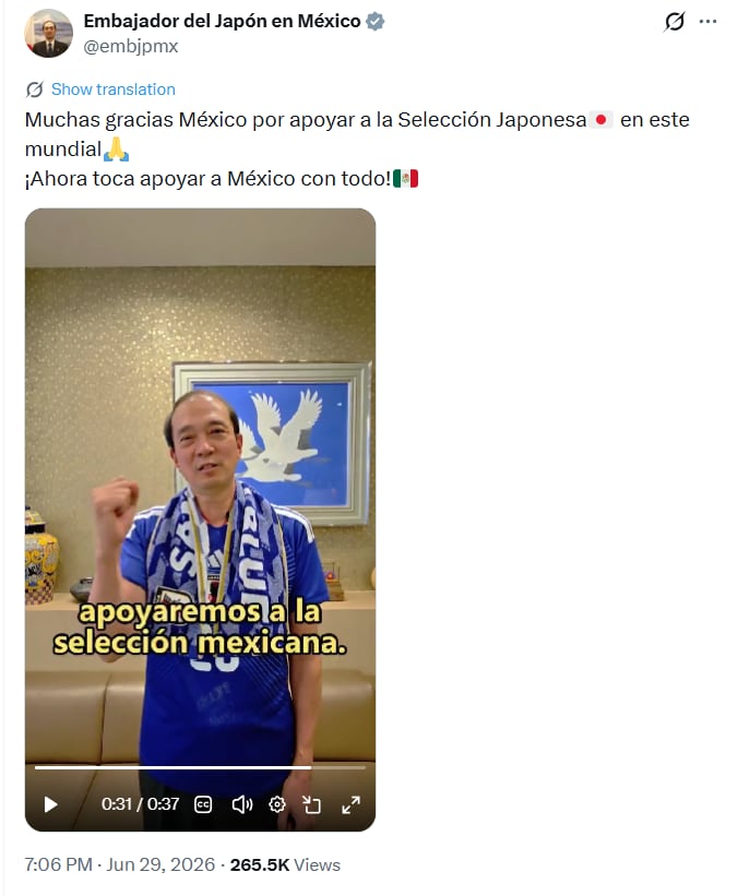 El embajador Kozo Honsei publicó un mensaje de agradecimiento a México tras la eliminación nipona en los dieciseisavos de final del Mundial 2026. (@embjpmx)