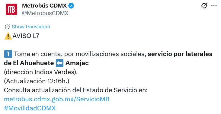 Avance en tiempo real de la red de transporte público capitalino. (TW MB CDMX)