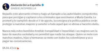 El presidente electo Abelardo de la Espriella se pronunció sobre el asesinato de María Camila Potosí, una joven de ocho meses de gestación que fue hallada en una zona rural de Cali tras ser torturada - crédito @ABDELAESPRIELLA/X