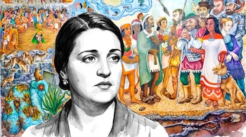 Acuarela de Aurora Reyes Flores en escala de grises sobre sus murales a color. Se ven escenas históricas, la conquista y pueblos indígenas de México.