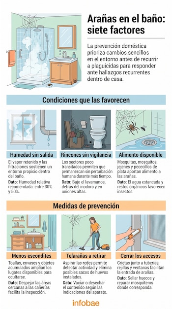 Infografía explicativa con ilustraciones de un baño, un inodoro, telarañas, una persona pasando una aspiradora y otra aplicando sellador.