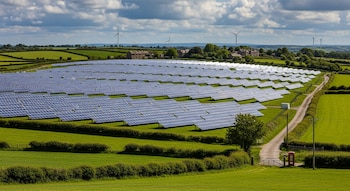 Un campo extenso de paneles solares azules sobre hierba verde. En la distancia, colinas, casas, setos, turbinas eólicas y una cabina telefónica roja. Cielo nuboso.