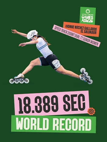 Ivonne, estableció un récord mundial en los 200 metros contrarreloj dual de la categoría sénior femenina, con un tiempo de 18.389 segundos, durante los World Skate Games Asu26 (Cortesía: World Skate).