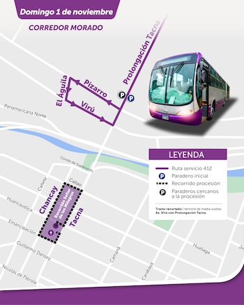 Mapa con el recorrido del servicio 412, nombres de calles de Lima, una leyenda explicativa y un autobús de color morado