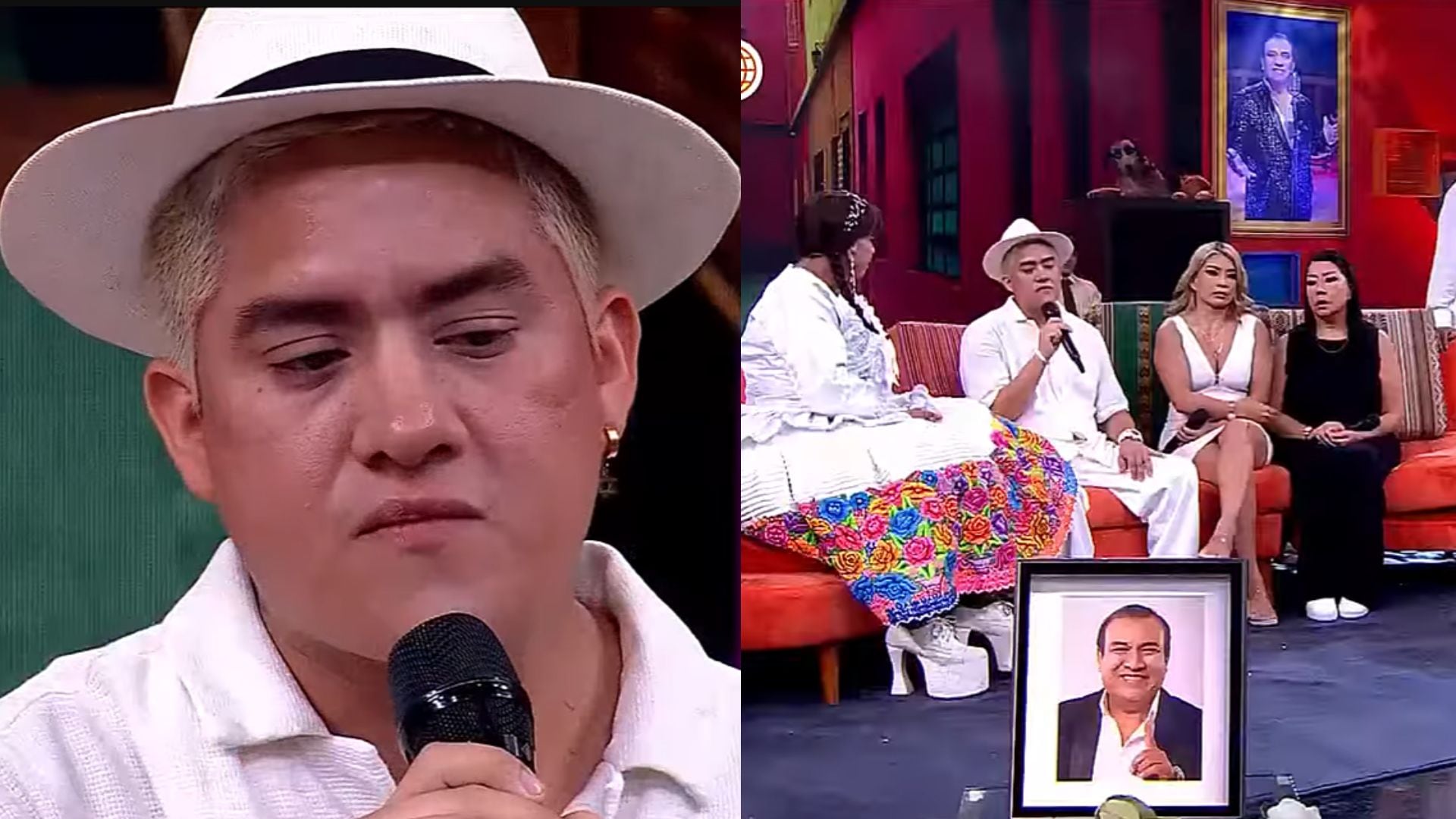 Durante un conmovedor homenaje al comediante Manolo Rojas, su hijo aparece visiblemente emocionado con un micrófono en mano, haciendo la promesa de ser el soporte familiar.