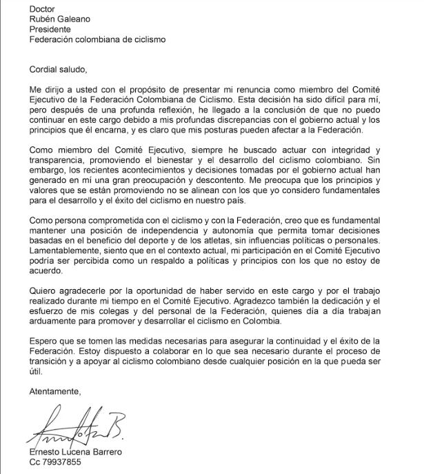 Ernesto Lucena renunció al Comité Ejecutivo de Fedeciclismo - crédito Fedeciclismo