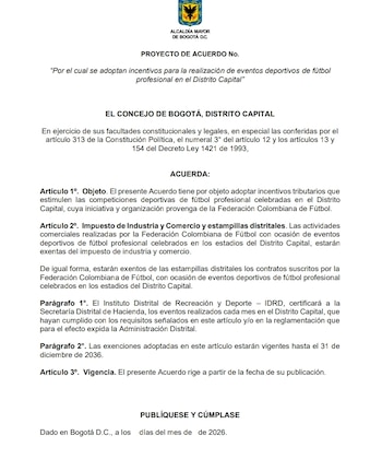 La aprobación del proyecto posiciona a Bogotá para acoger grandes finales, la despedida previa al Mundial de Fútbol y nuevos torneos internacionales - crédito Secretaría de Gobierno