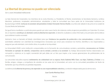 La UNAB pidió al Estado colombiano reforzar las garantías de protección para los comunicadores y avanzar con celeridad en la investigación - crédito Unab