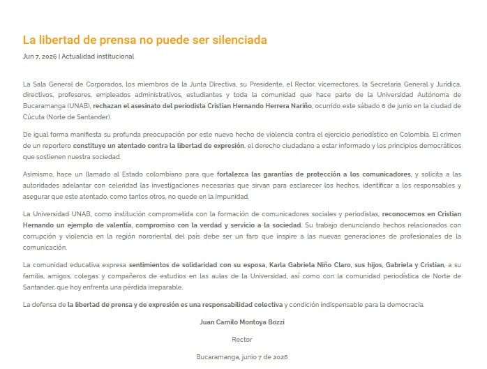 La UNAB pidió al Estado colombiano reforzar las garantías de protección para los comunicadores y avanzar con celeridad en la investigación - crédito Unab
