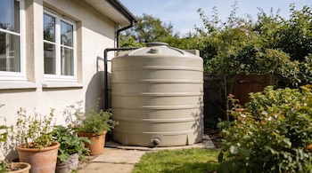 Un tanque de agua cilíndrico de color beige ubicado junto a la pared de una casa, rodeado de macetas con plantas y vegetación.
