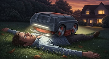 Ilustración de un hombre acostado boca arriba sobre el césped de un jardín al atardecer, con una expresión de pánico mientras una cortadora de césped robótica está sobre su pecho.