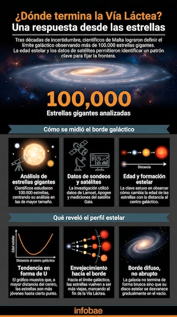 Infografía sobre el límite de la Vía Láctea con una gran imagen de galaxia espiral, gráficos de edad estelar, ilustraciones de telescopios y satélites espaciales.